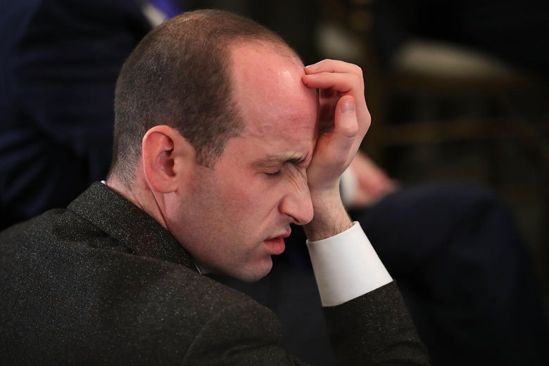 WASHINGTON, DC - FEBRUARY 26: Senior Advisor to the President Stephen Miller attends a business session with state governors hosted by U.S. President Donald Trump in the State Dining Room at the White House February 26, 2018 in Washington, DC. The National Governors Association is holding its annual winter meeting this week in Washington. (Photo by Chip Somodevilla/Getty Images)